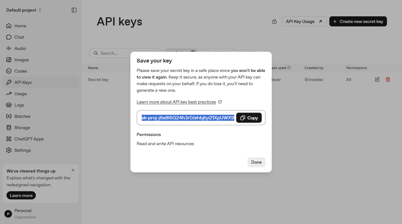 The key is shown once and must be copied immediately.