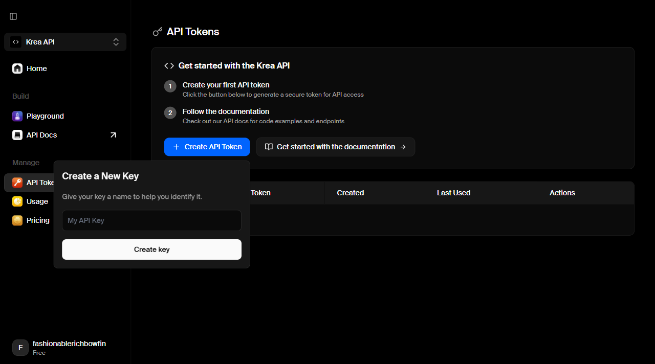 Create a new token dialog