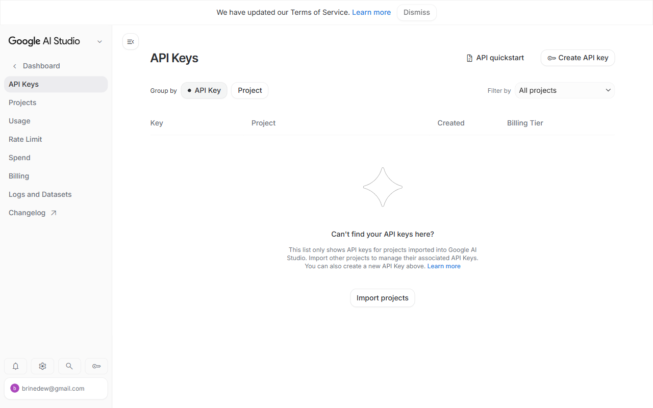 Google AI Studio API Keys page — click "Create API key"