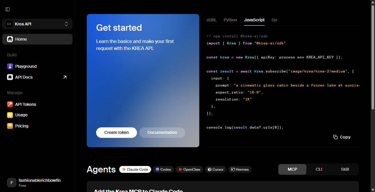 Krea API page: Agents section is visible below